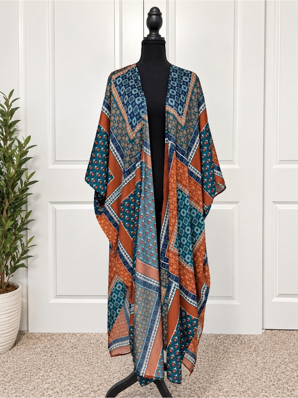 Pink Lily Teal and Rust Patchwork Kimono Tunic